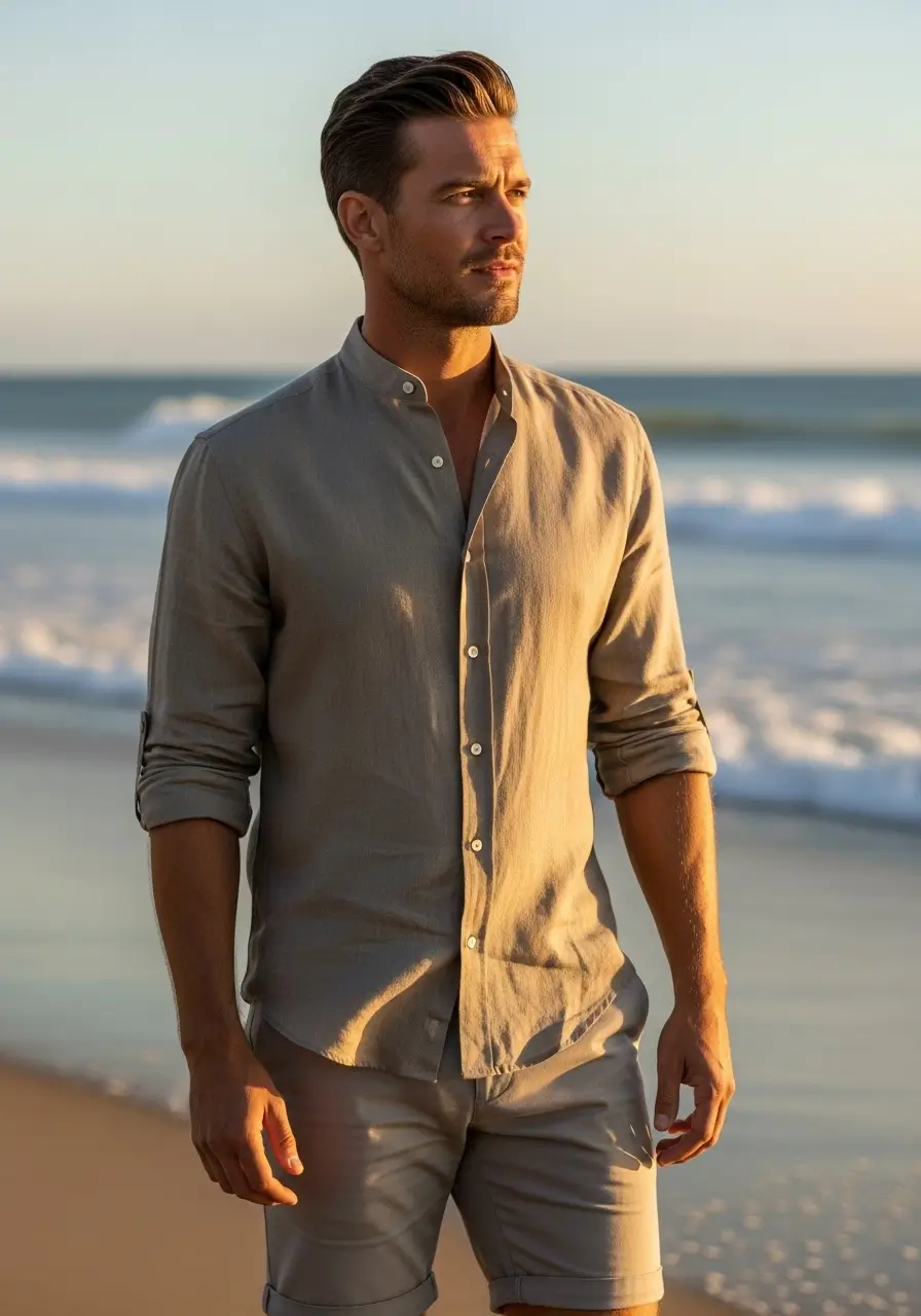 Clothing Linen Shirt- Band Collar